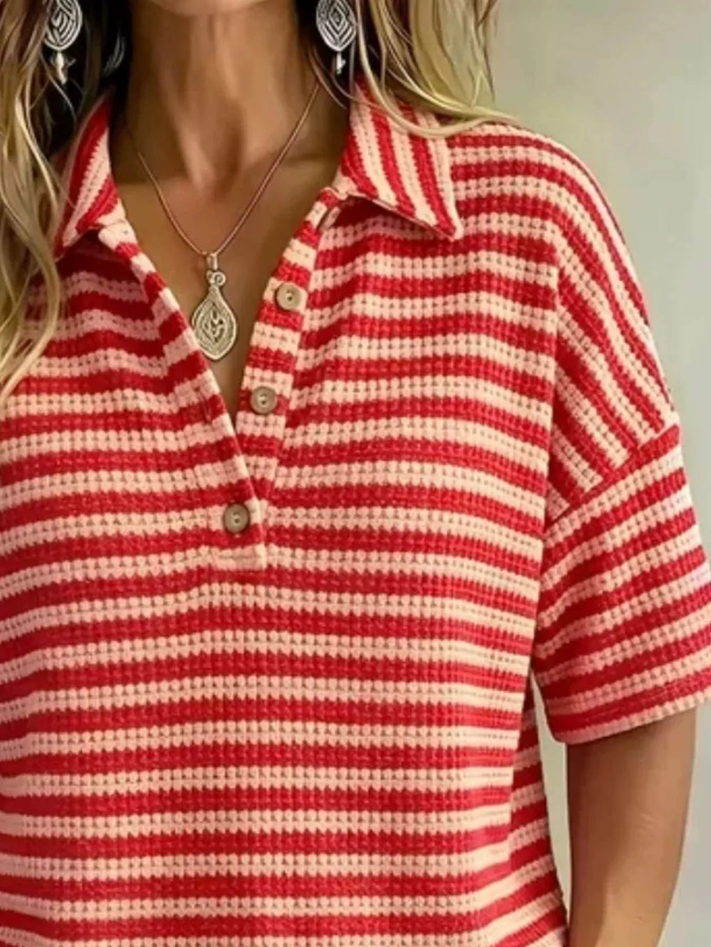 Full Size Contrast Striped Knit Polo Shirt Plus Size