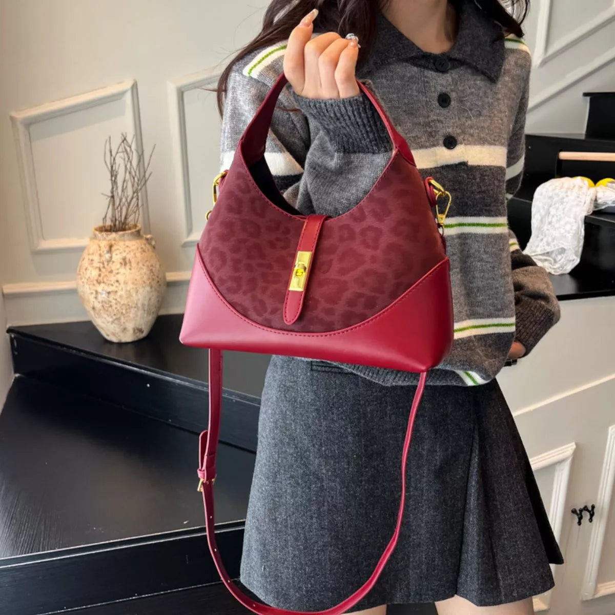 Leopard Leather Trimmed Crossbody Bag