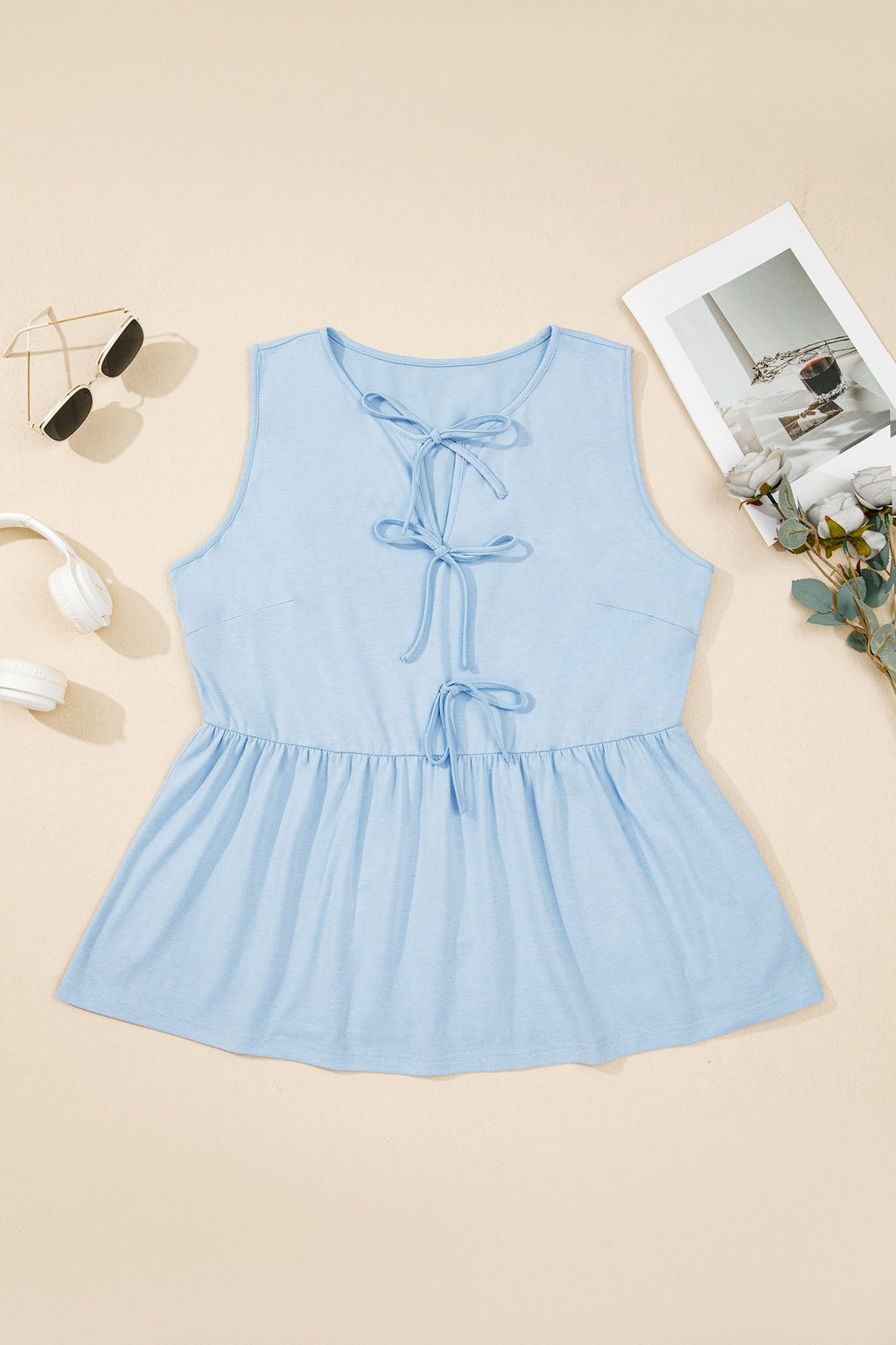 Plus Size Solid Bow-Tie Peplum Tank Top