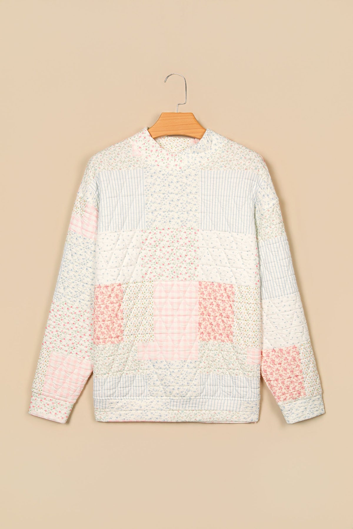 Floral Patchwork Quilted Mock Neck Long Sleeve Top