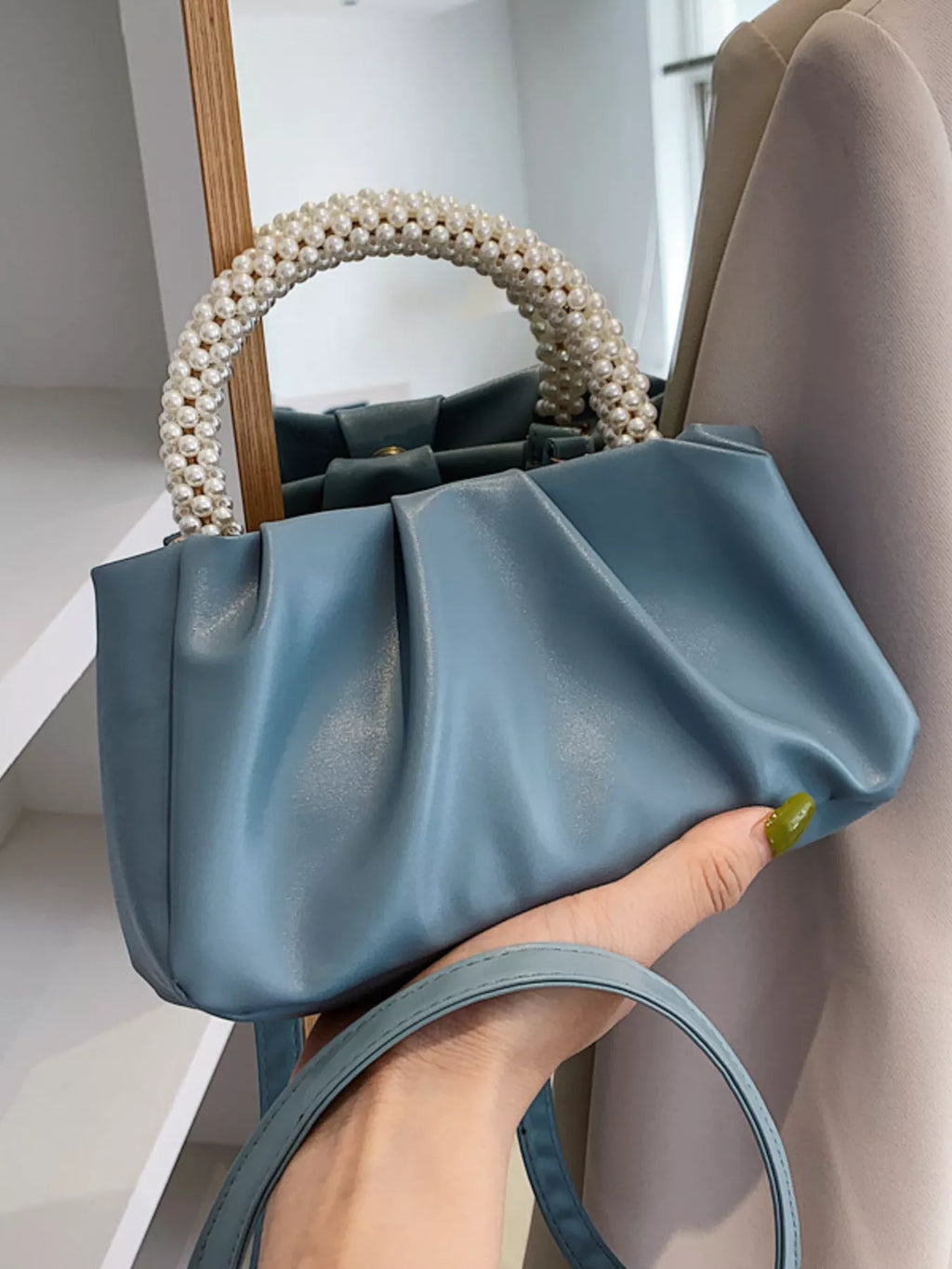 Pearl Handle Ruched Crossbody Bag