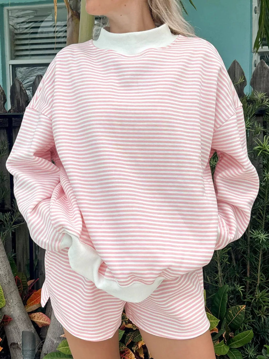 Striped Mock Neck Sweatshirt and Shorts Set