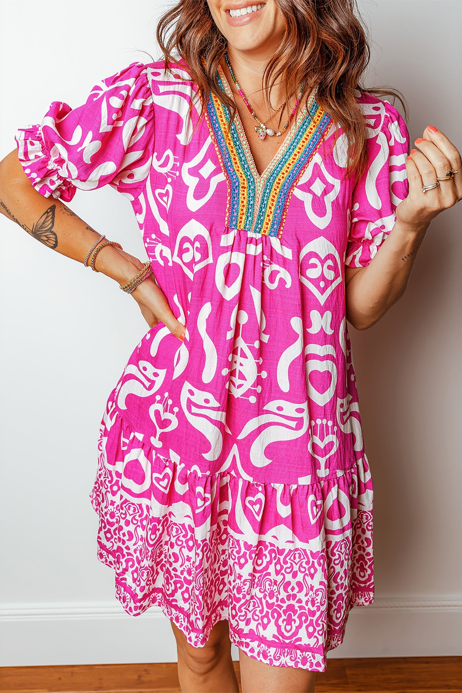 Rose Boho Mixed Print Contrast Trim V Neck Short Sleeve Flared Dress