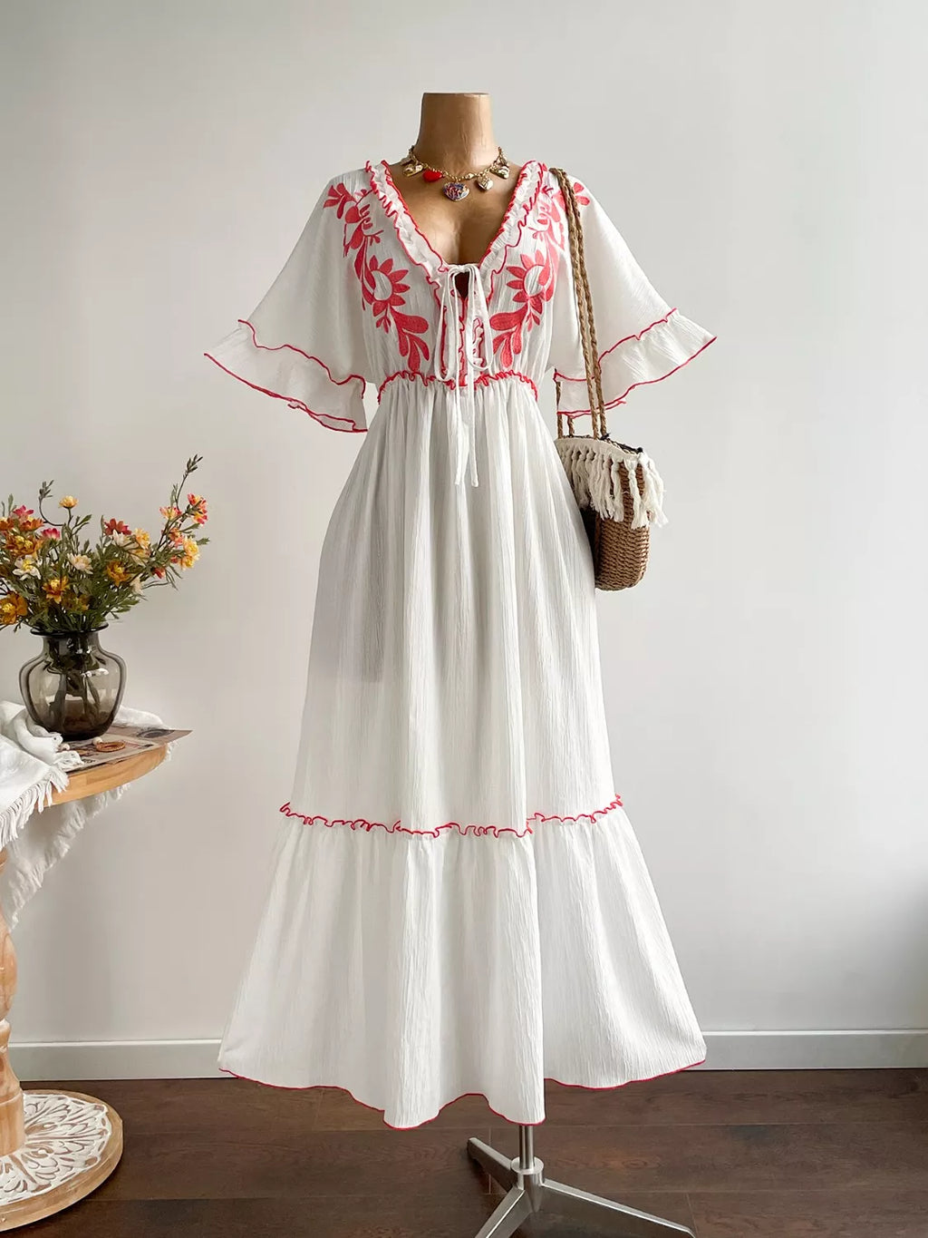 Front Tie Maxi Dress with Floral Embroidered