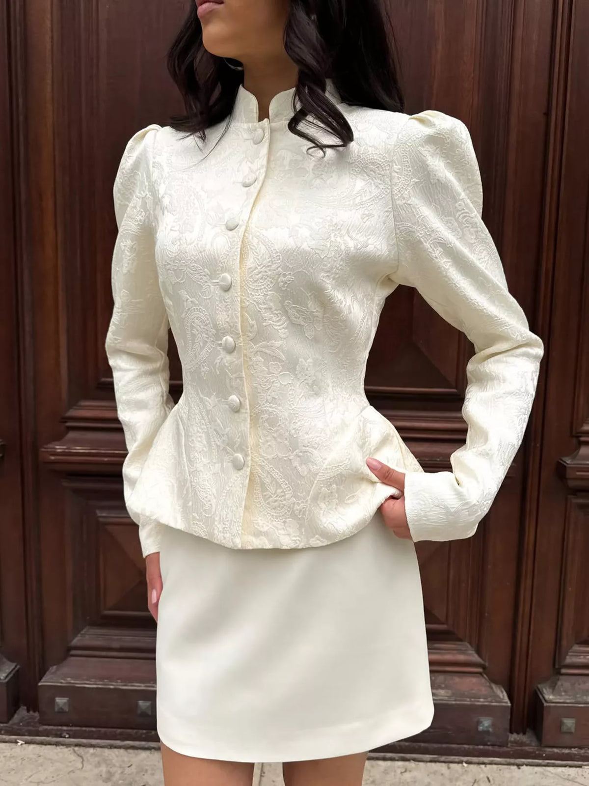 Jacquard Peplum Puff Sleeve Outerwear