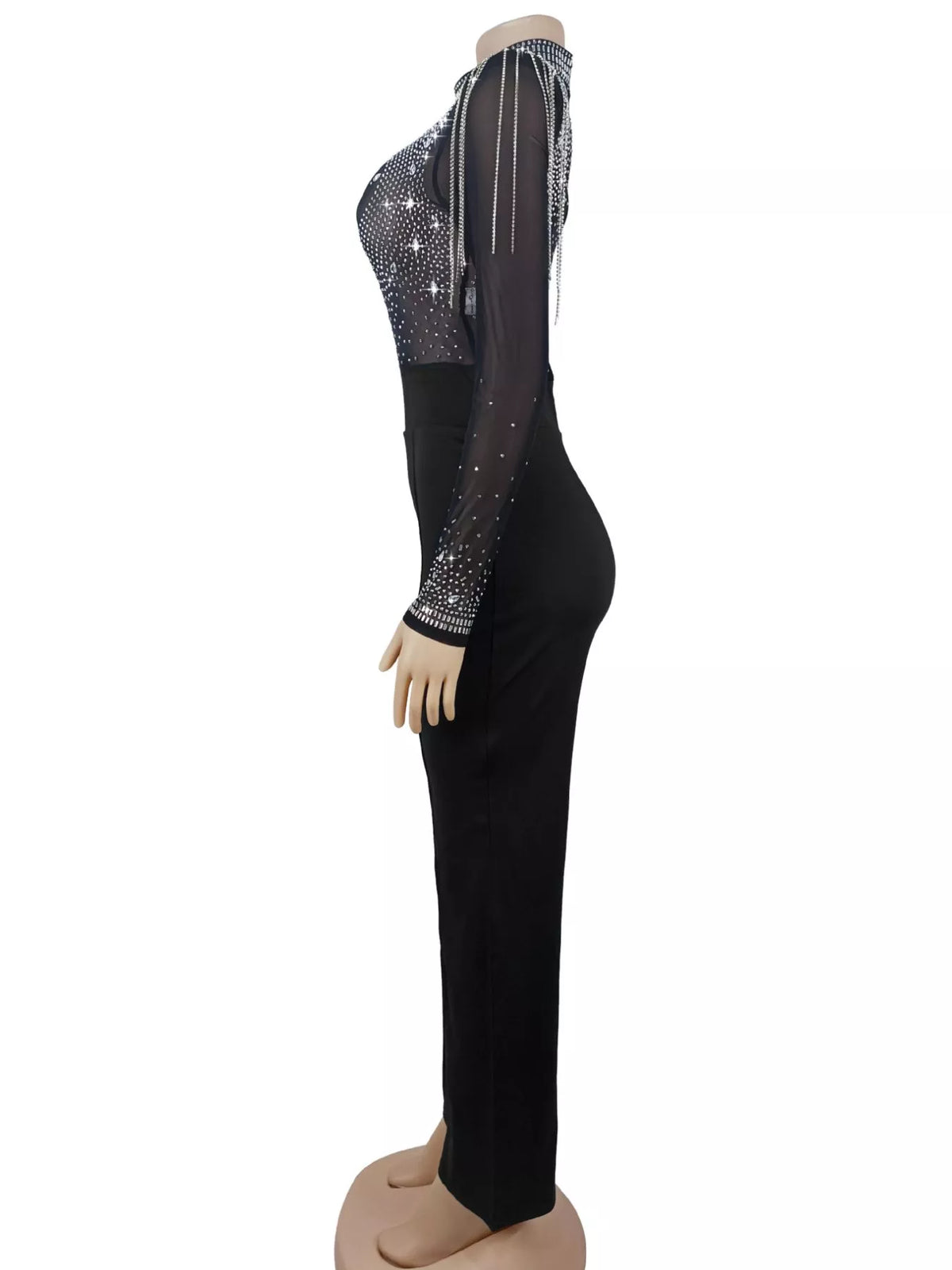 Rhinestone Embellished Mesh Long Sleeve Jumpsuit
