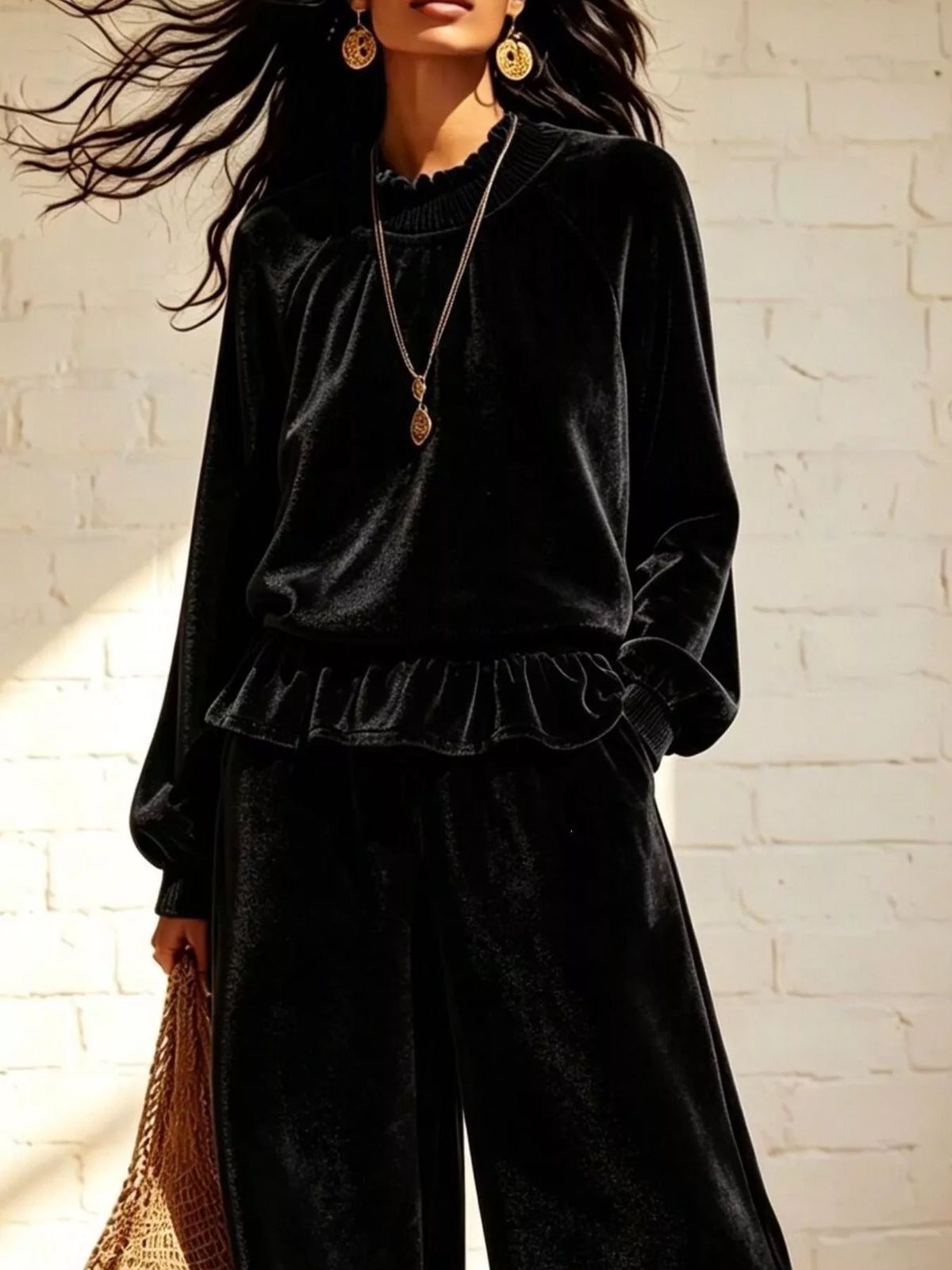 Velvet Peplum Top and Wide-Leg Pants Set