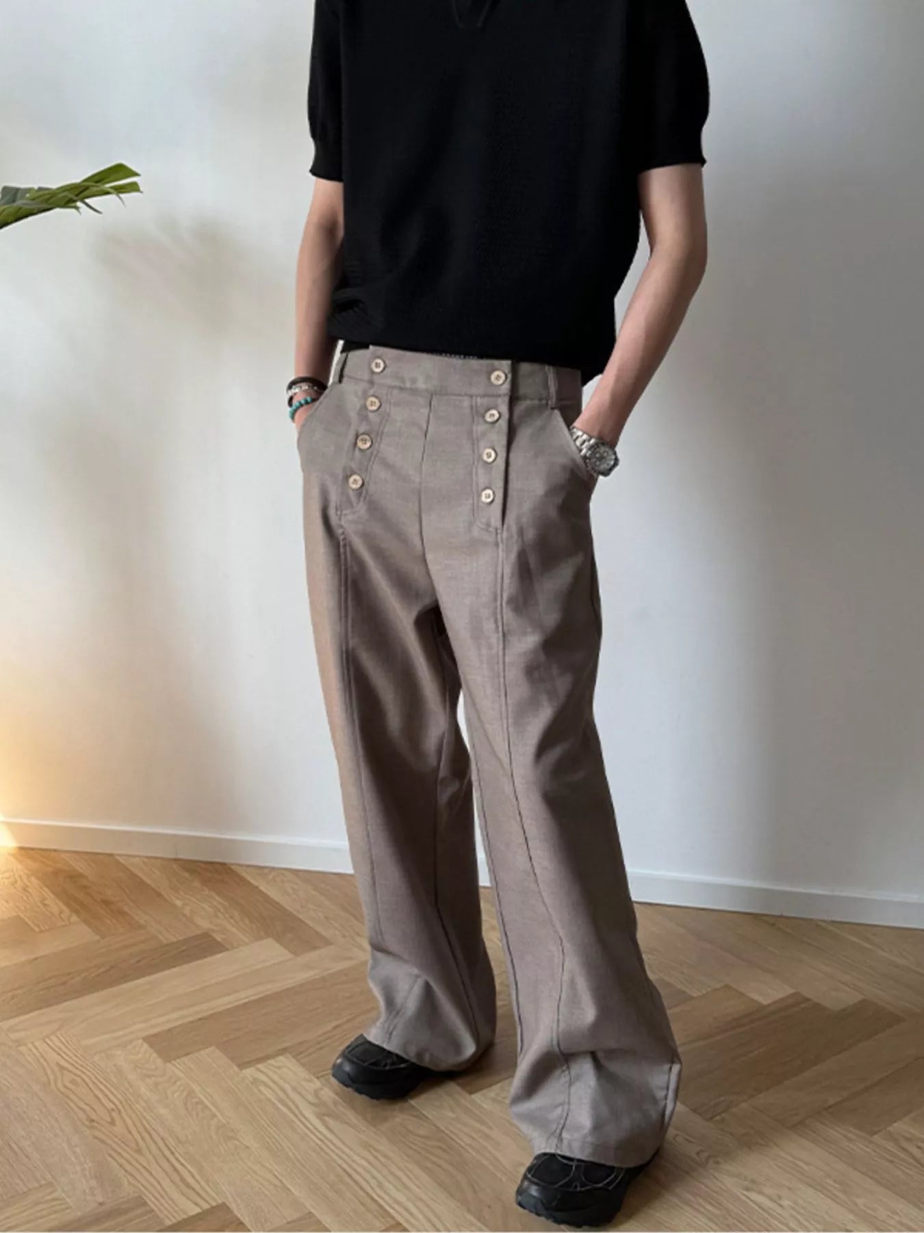 Men's  Button-Detailed Wide Leg Pants