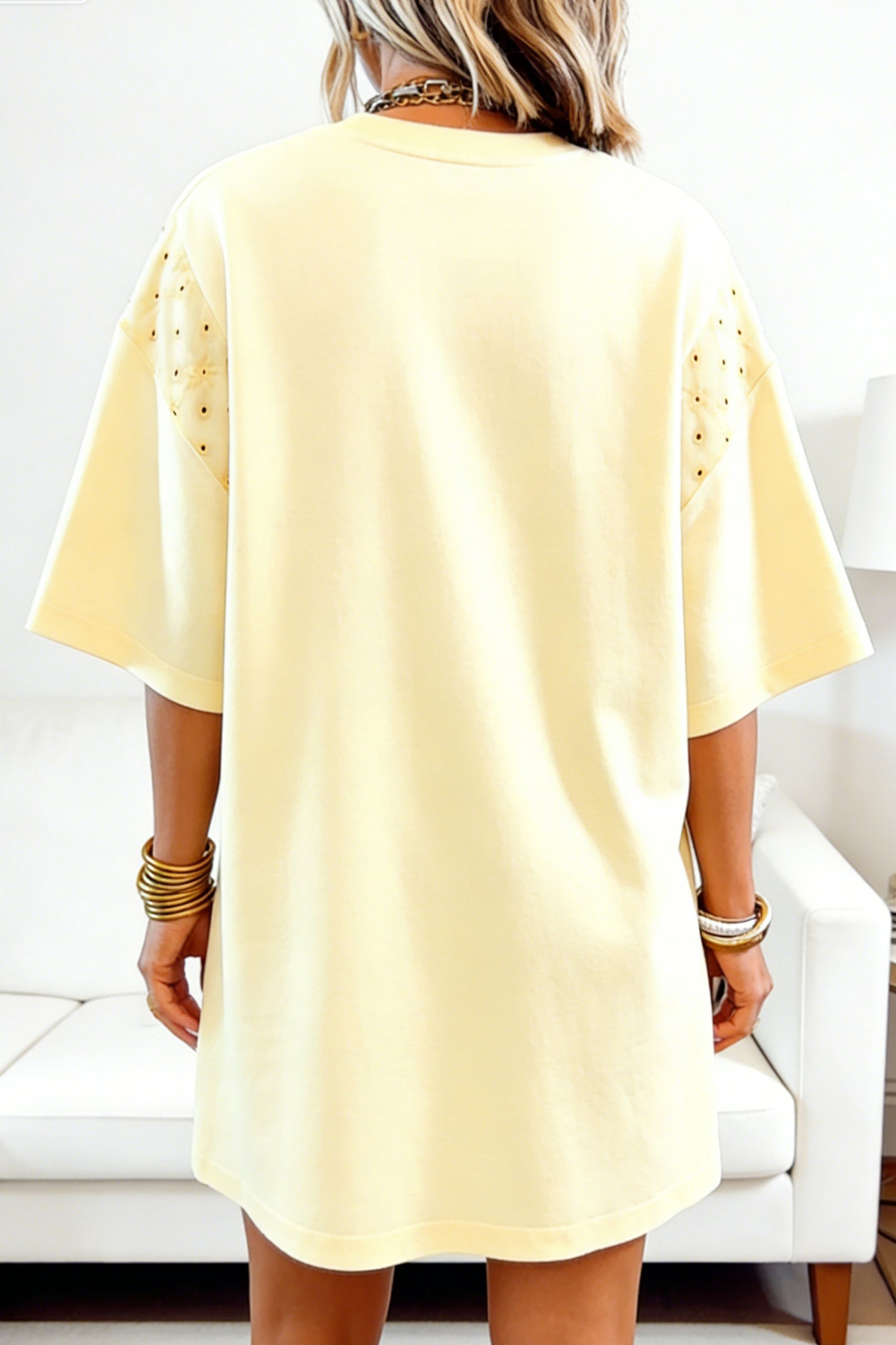 Yellow Cream Eyelet Embroidered Lace Splicing Sleeve Loose T Shirt Dress