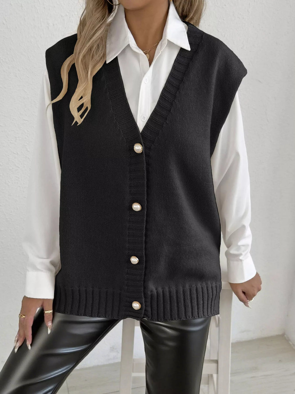 V-Neck Button-Front Knit Sweater Vest