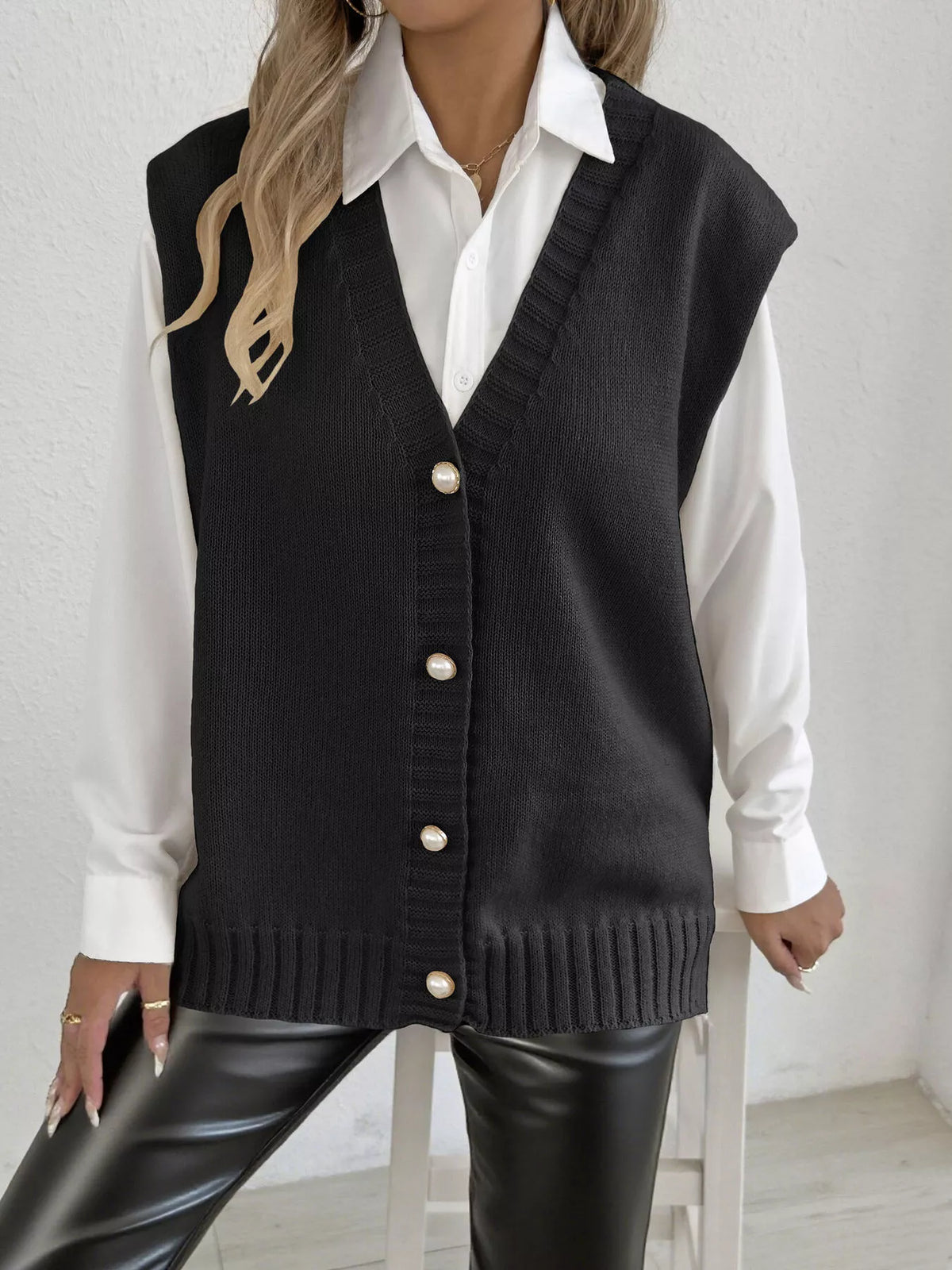 V-Neck Button-Front Knit Sweater Vest