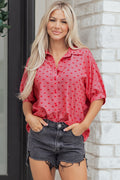 Red Heart Shape Print Half Sleeve Loose Valentine Shirt