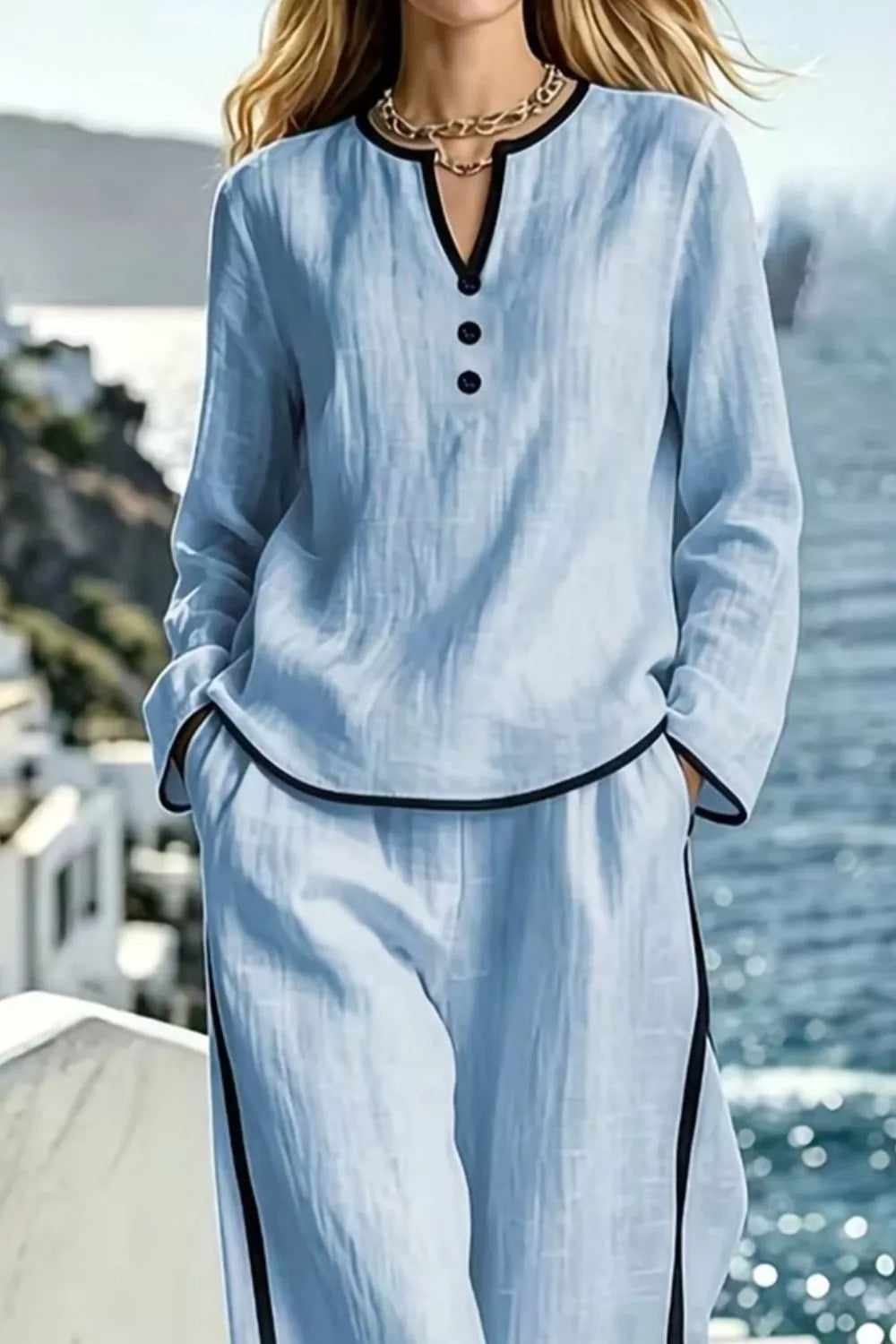 Contrast Trim Long Sleeve Top and Pants Set