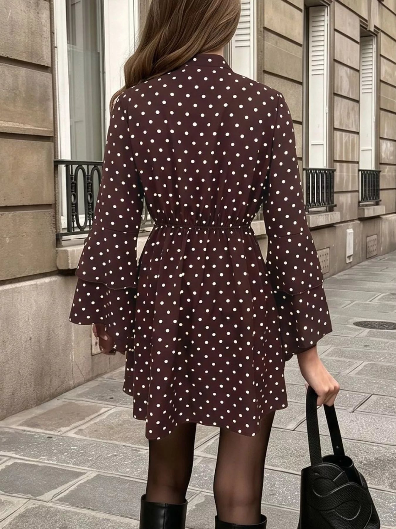 Polka Dot Flare Sleeve Tie Neck Dress