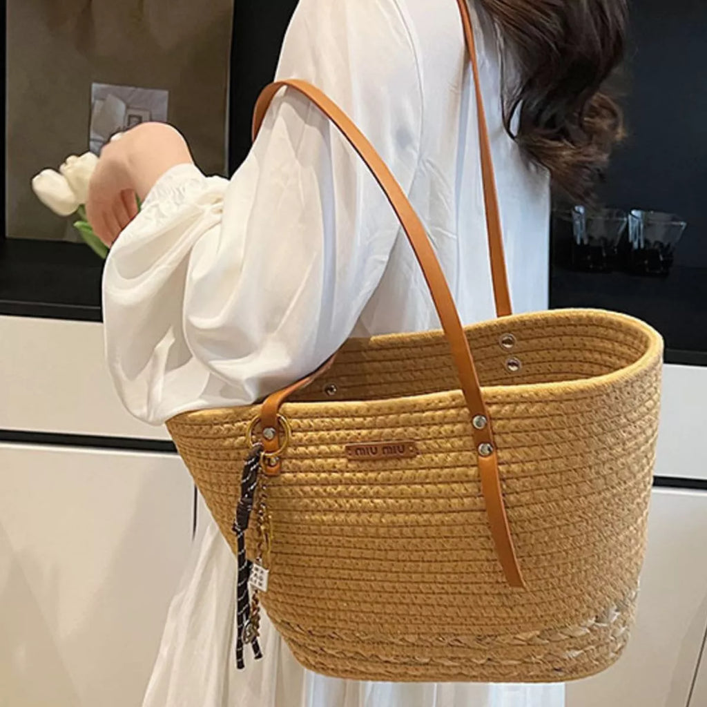 Woven Straw Tote Handbag with Leather Straps