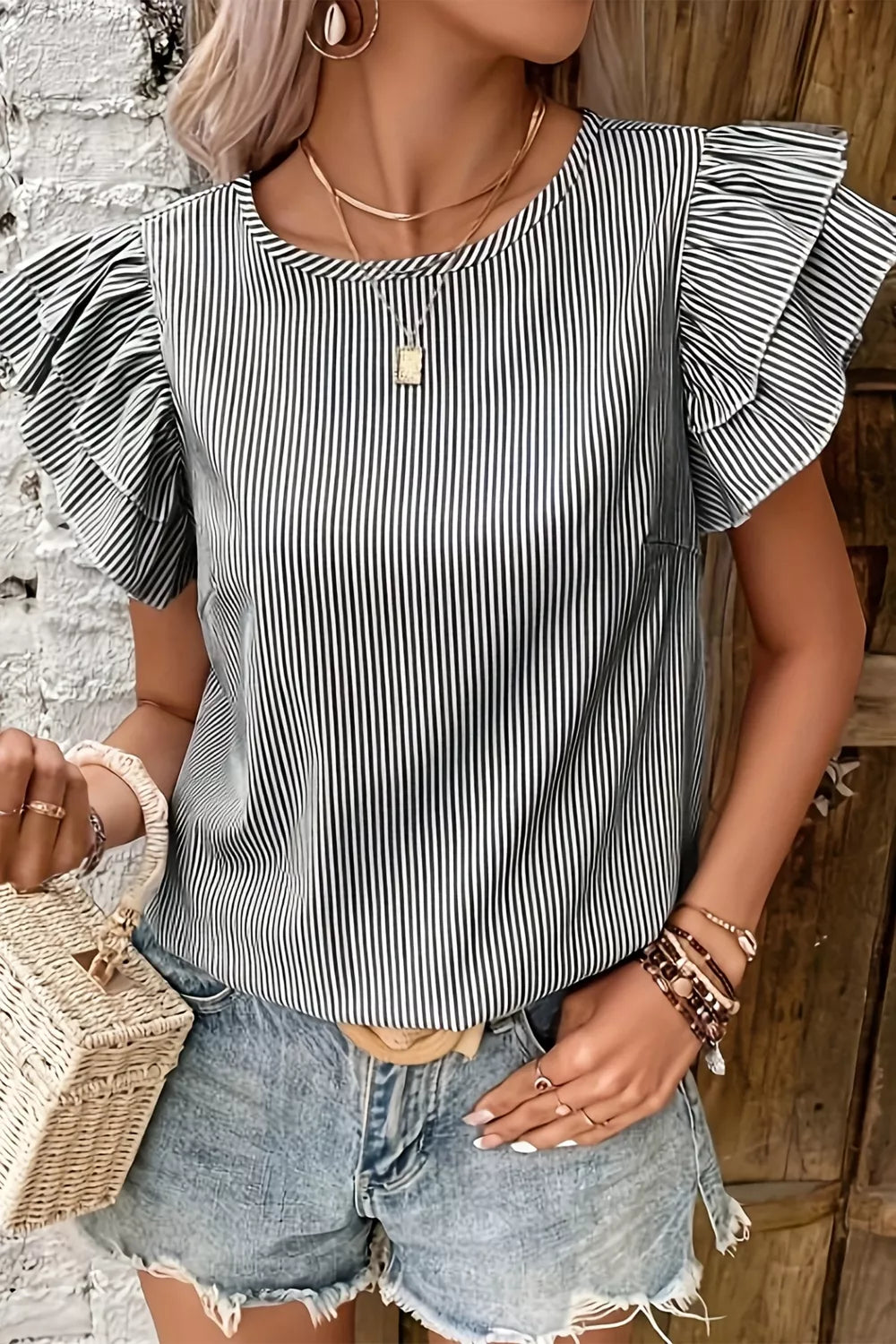 Stripe Striped Ruffle Sleeve Short Sleeve Round Neck Casual Shift Blouse