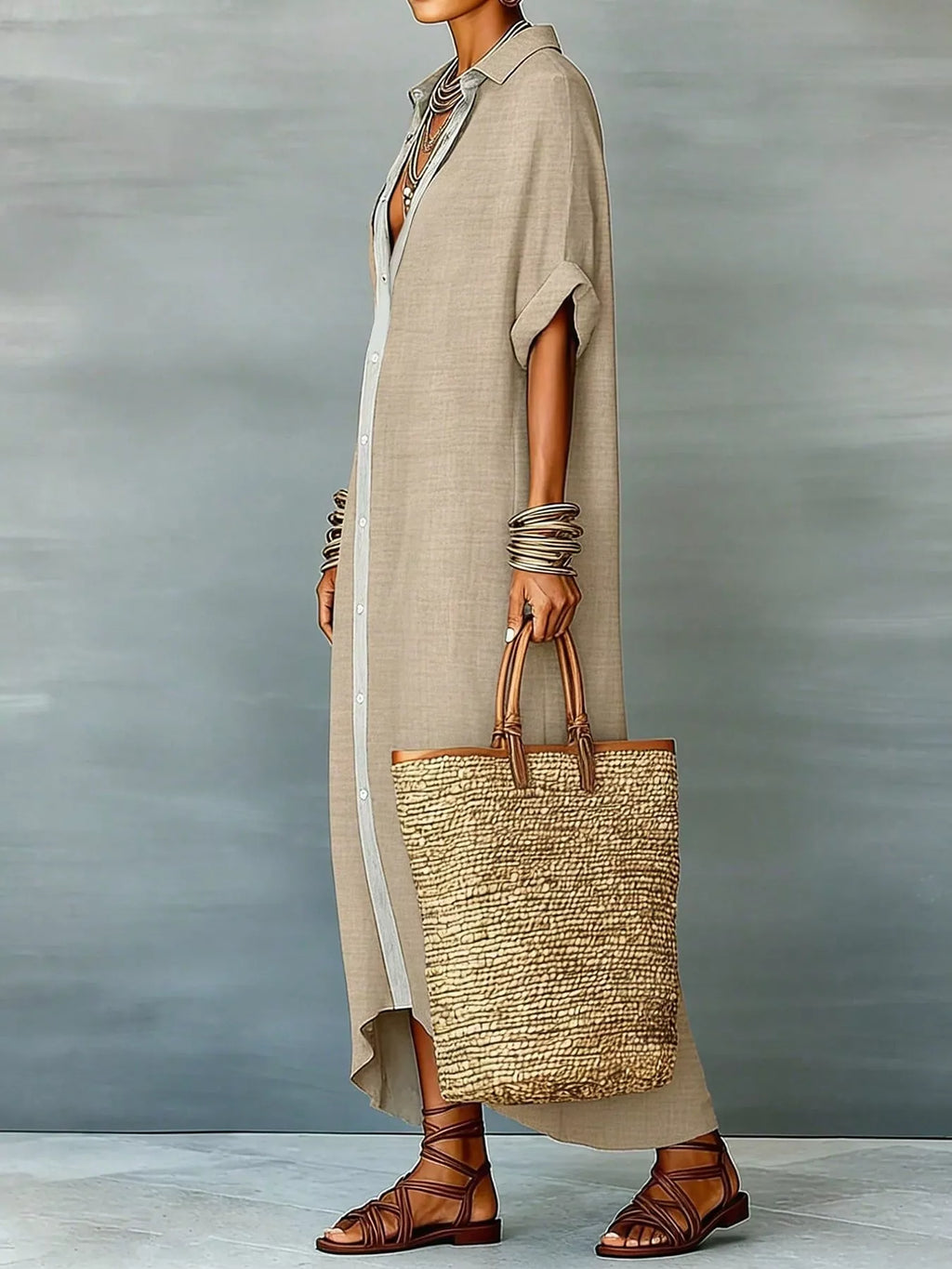 Casual Linen Shirt Dress with Button-Down Front