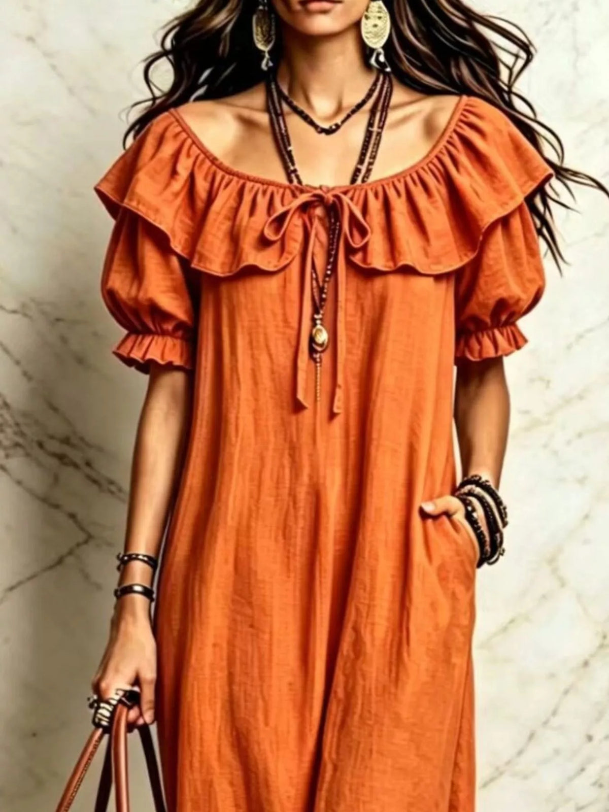 Ruffle Trim Puff Sleeve Maxi Dress