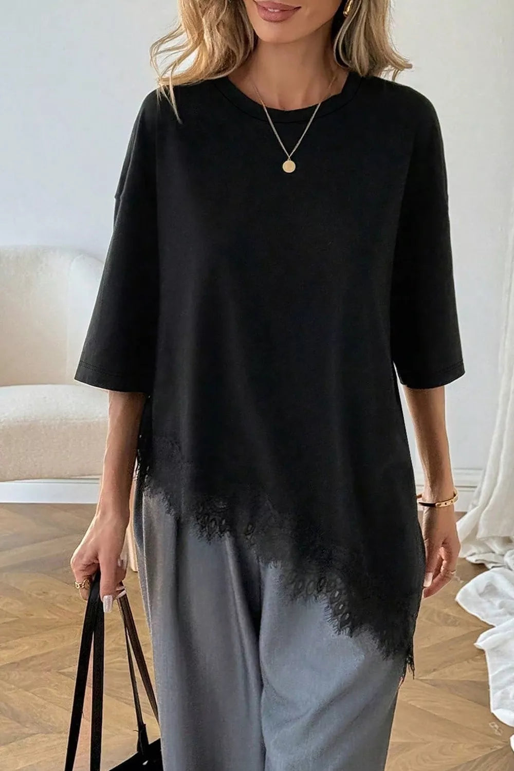 Lace Asymmetrical Hem Round Neck T-Shirt