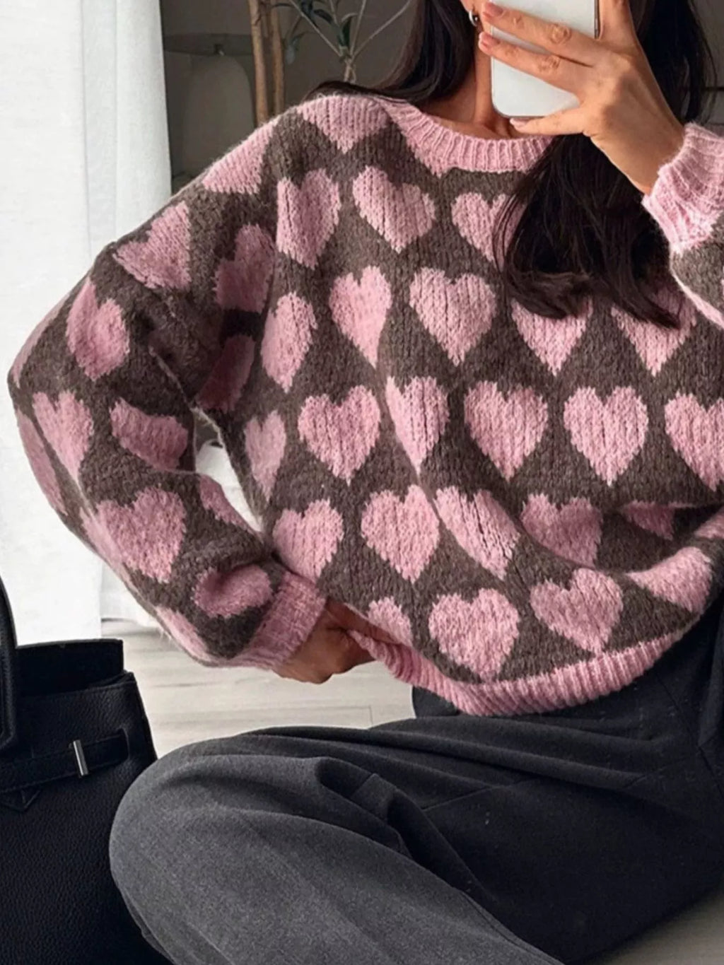 Heart Pattern Dropped Shoulder Sweater