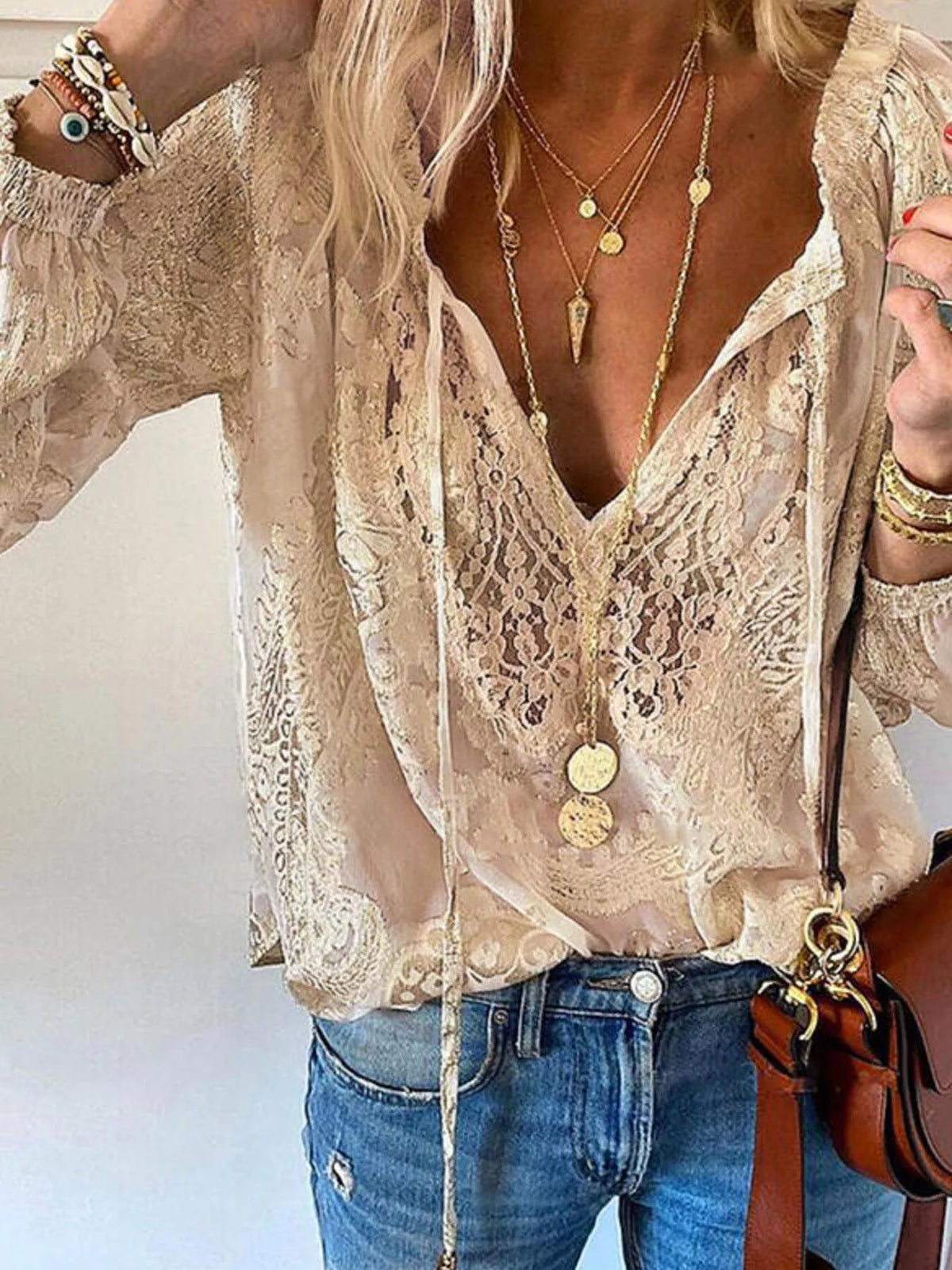 Lace Tie Neck Long Sleeve Blouse