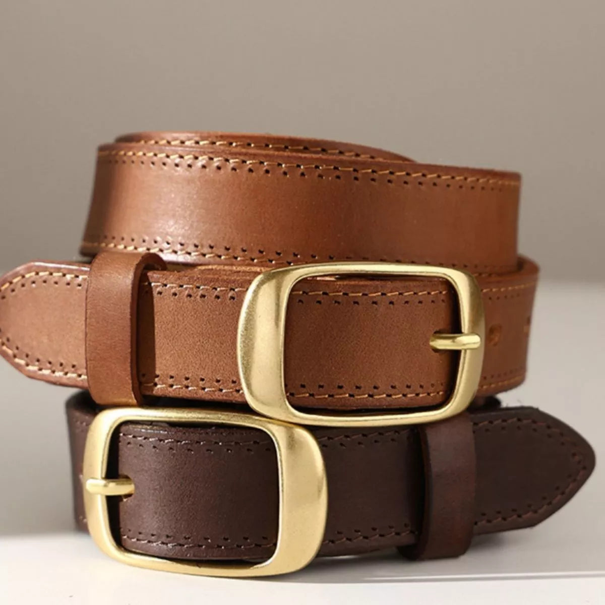 Cowhide Leather Belt with Golden Buckle