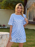 Plaid Round Neck Top and Drawstring Shorts Lounge Set