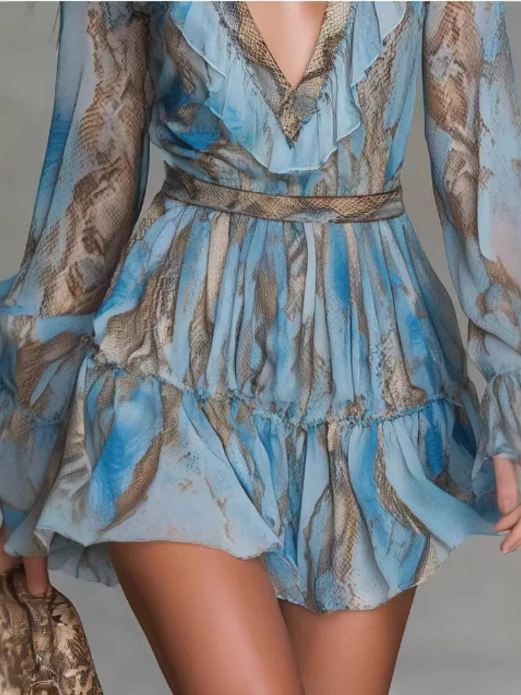 Boho Chic V-Neck Ruffled Long Sleeve Mini Dress