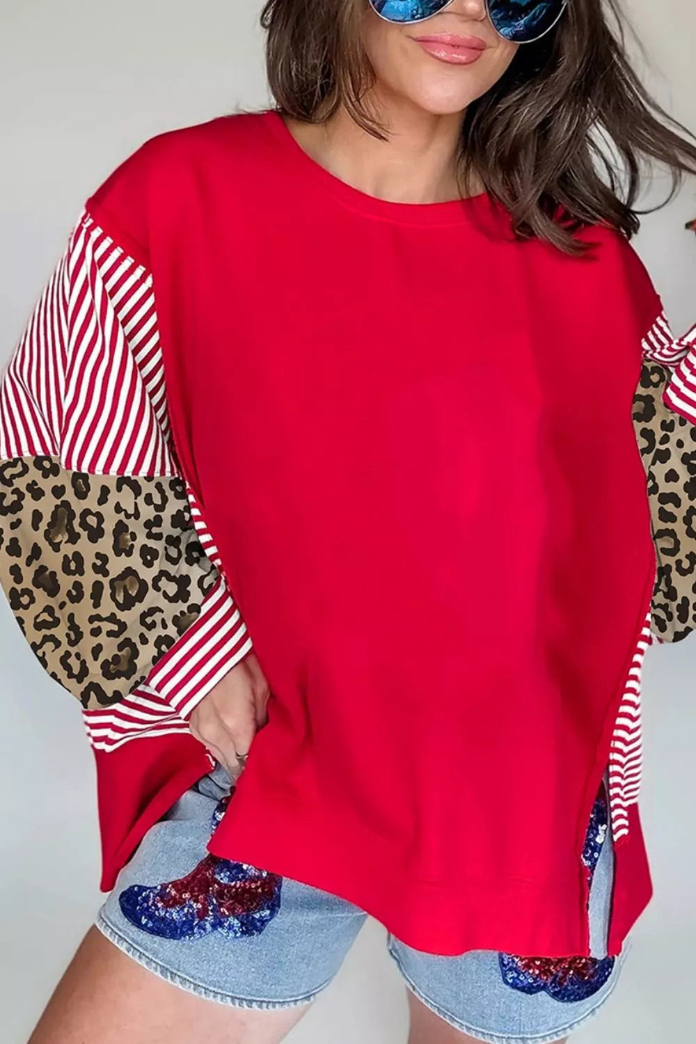 Leopard and Striped Patchwork Sleeves Sweatshirt