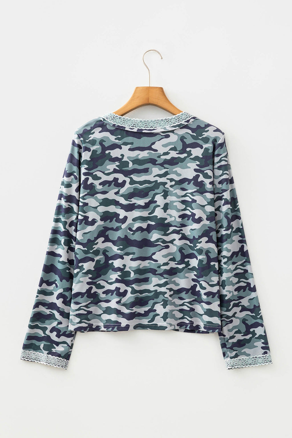 Green Camouflage Print Lace Patchwork Detail Button Long Sleeve Top