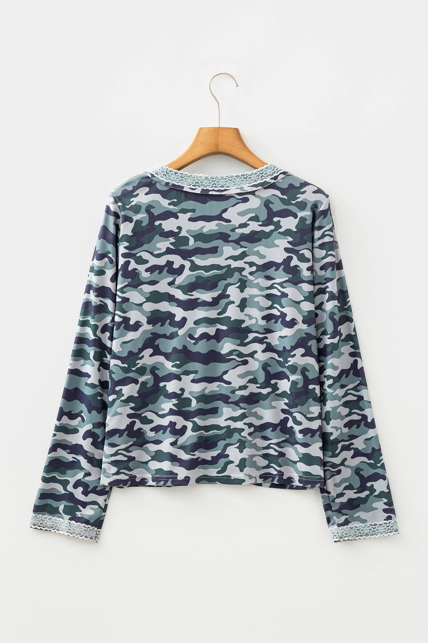 Green Camouflage Print Lace Patchwork Detail Button Long Sleeve Top