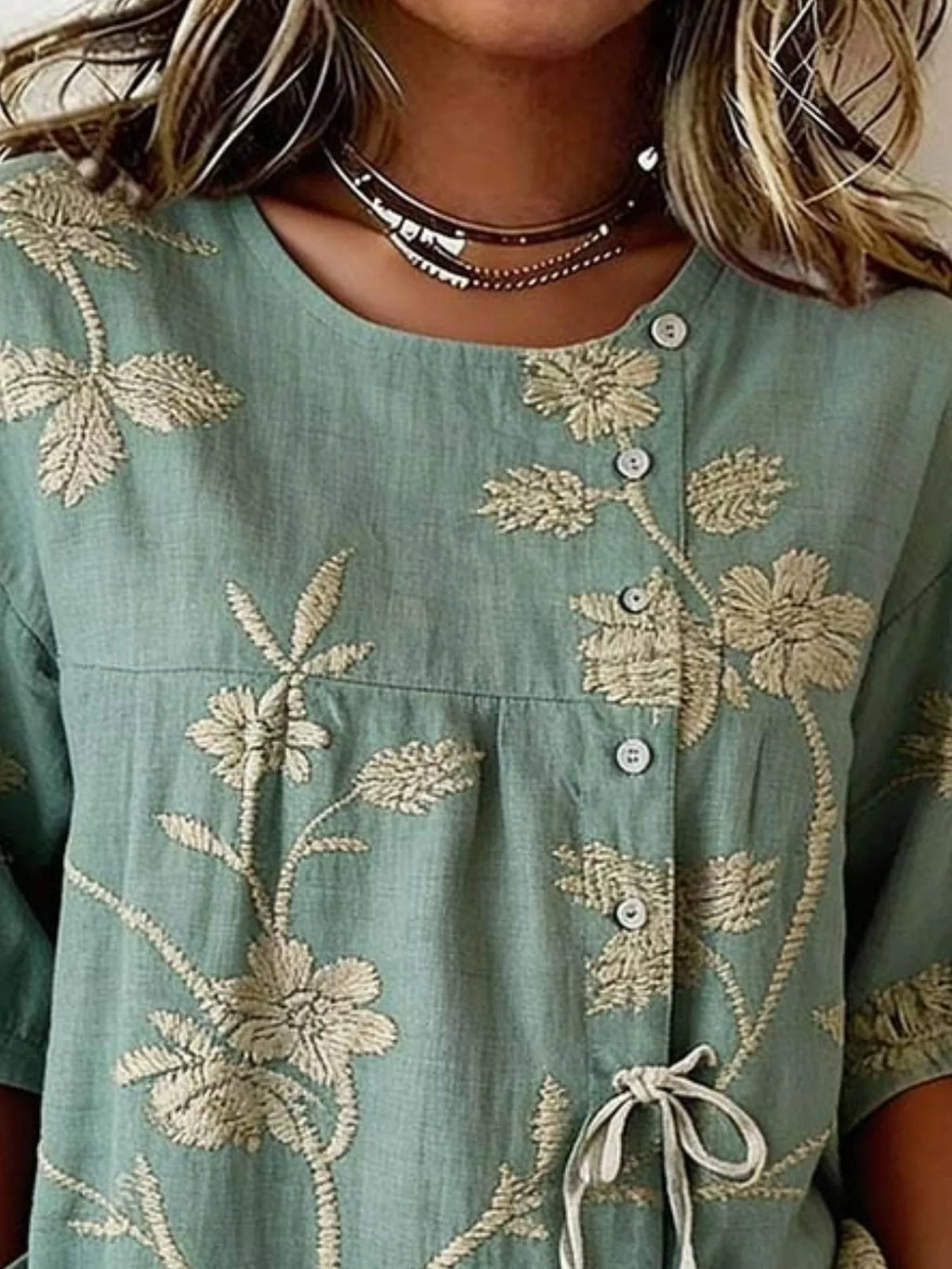 Full Size Embroidered Floral Tie Front Shirt Plus Size