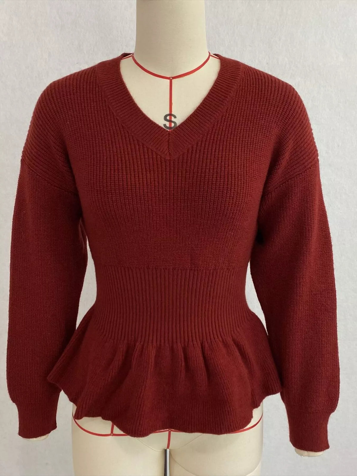 V-Neck Peplum Hem Ribbed Knit Top