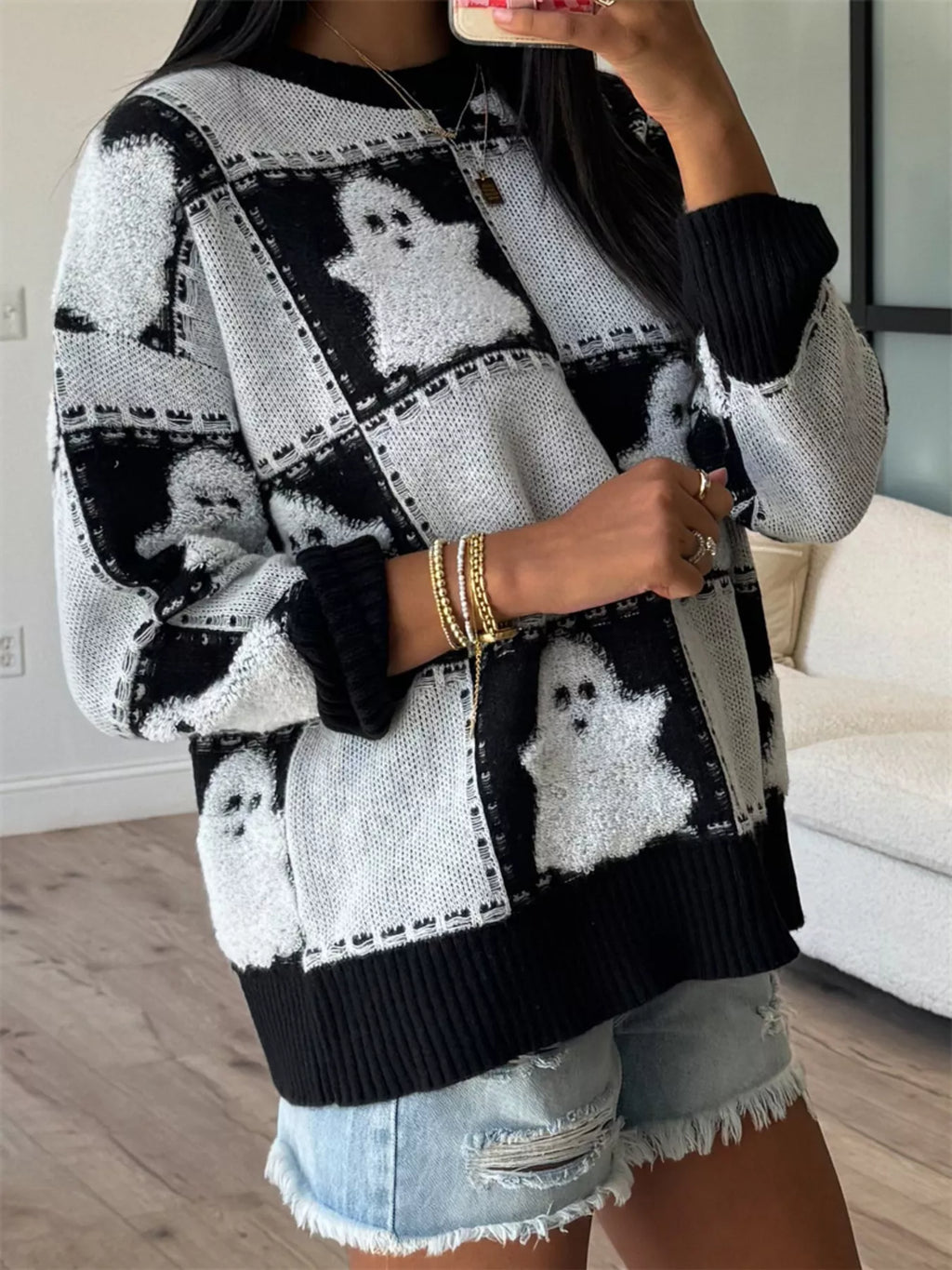 Halloween Ghost Checkered Drop Shoulder Sweater