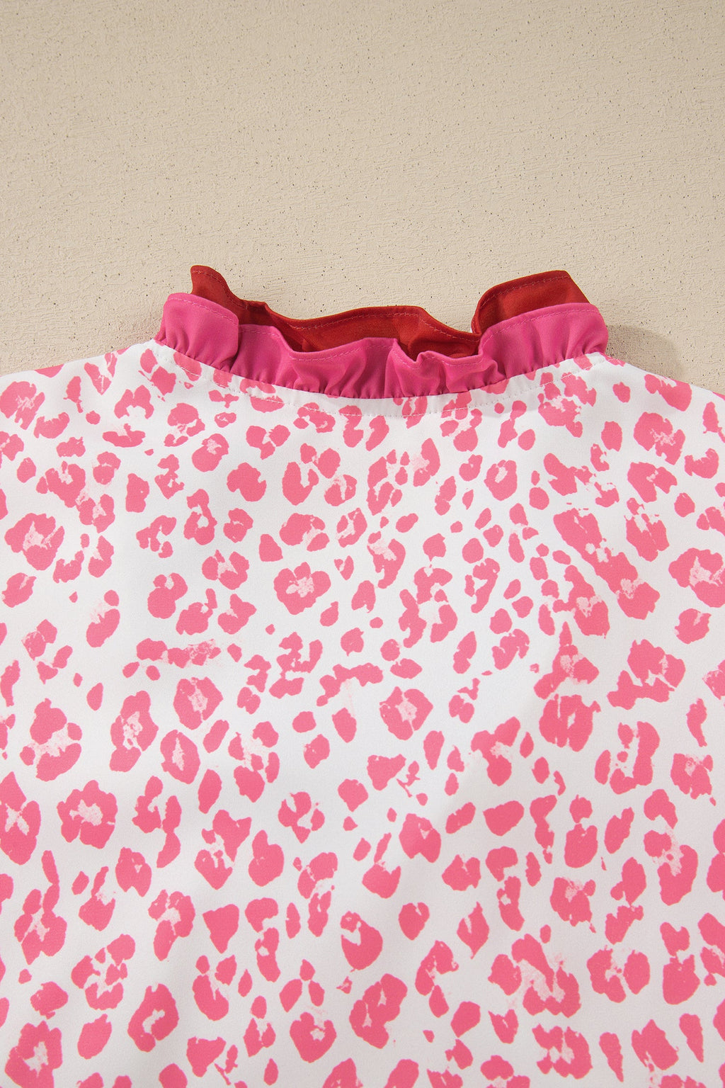 Pink Stripe Ruffled Trim V Neck Leopard Print Short Sleeve Blouse