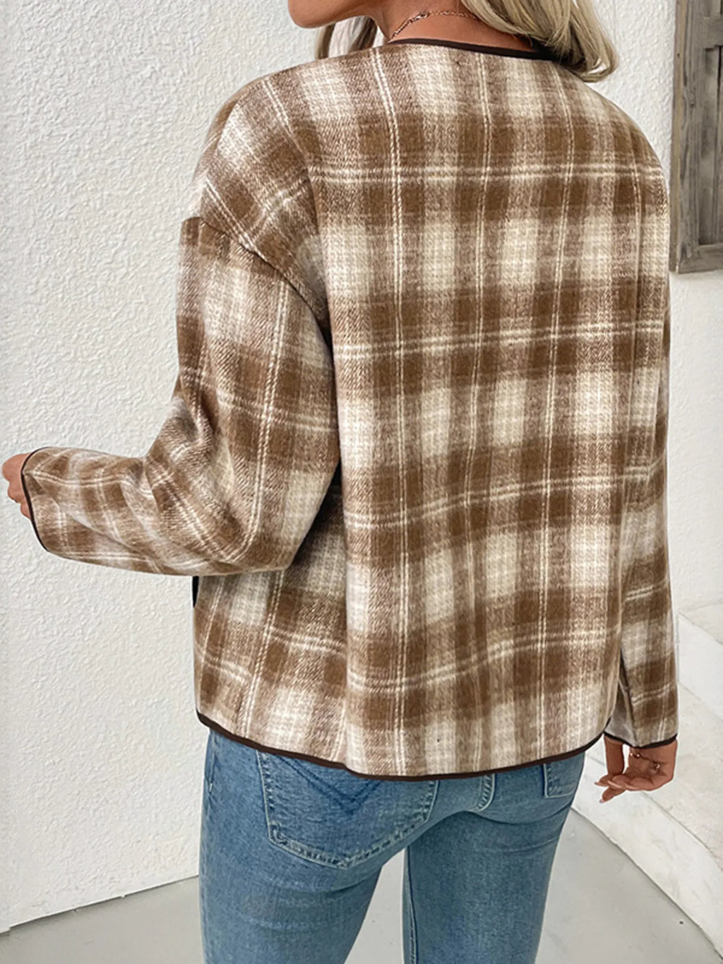 Unlined Plaid Button-Up Jacket with Chest Pockets