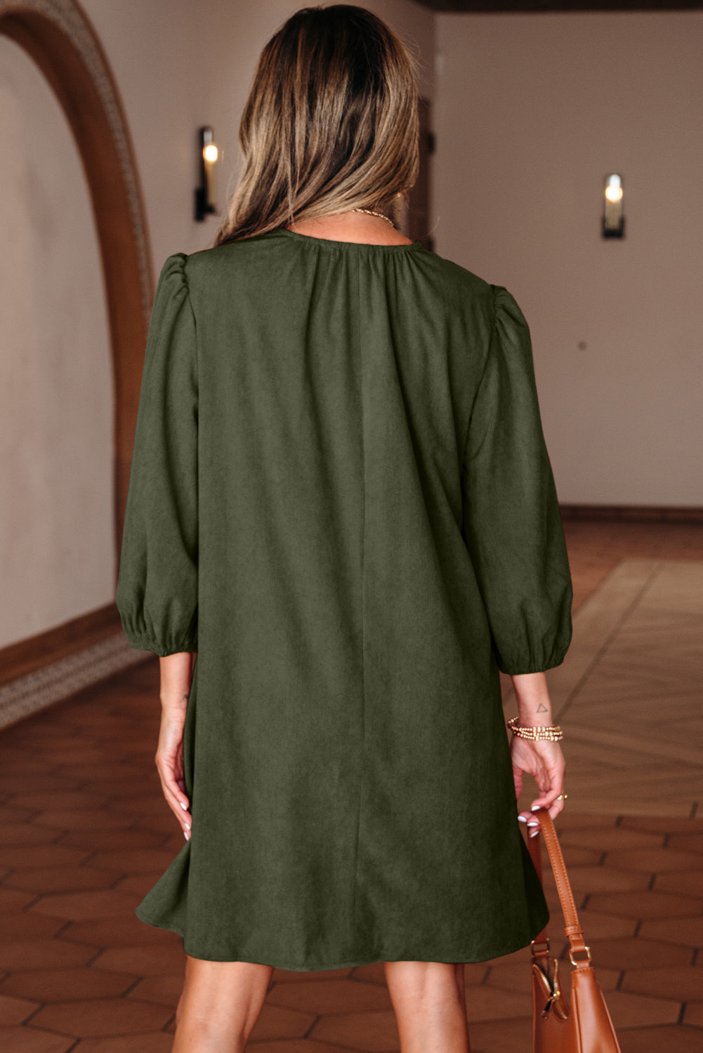 Moss Green Bracelet Sleeve Split Neck Scallop Detail Pleated Corduroy Mini Dress