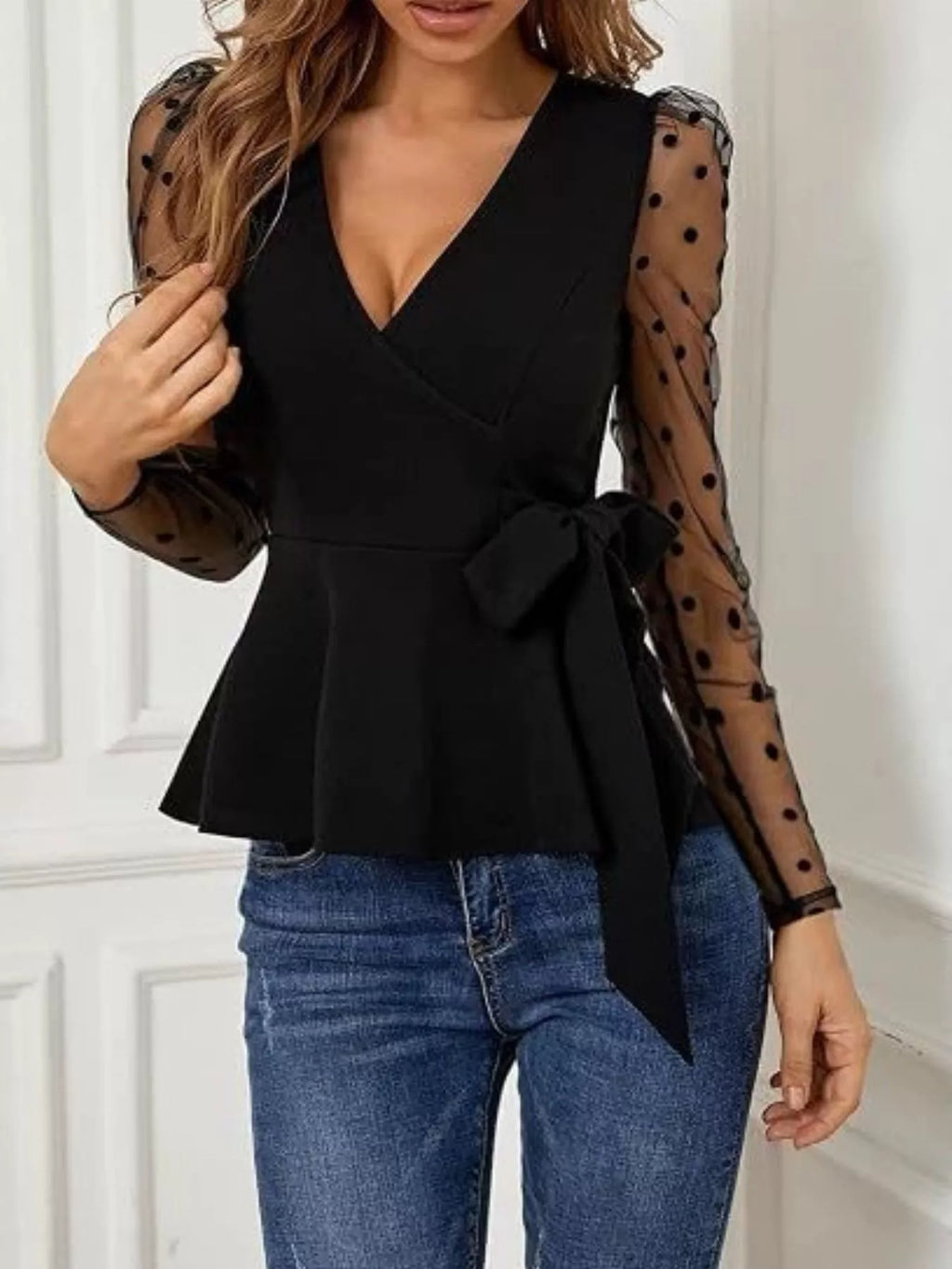 Polka Dot Mesh Sleeve Wrap Top