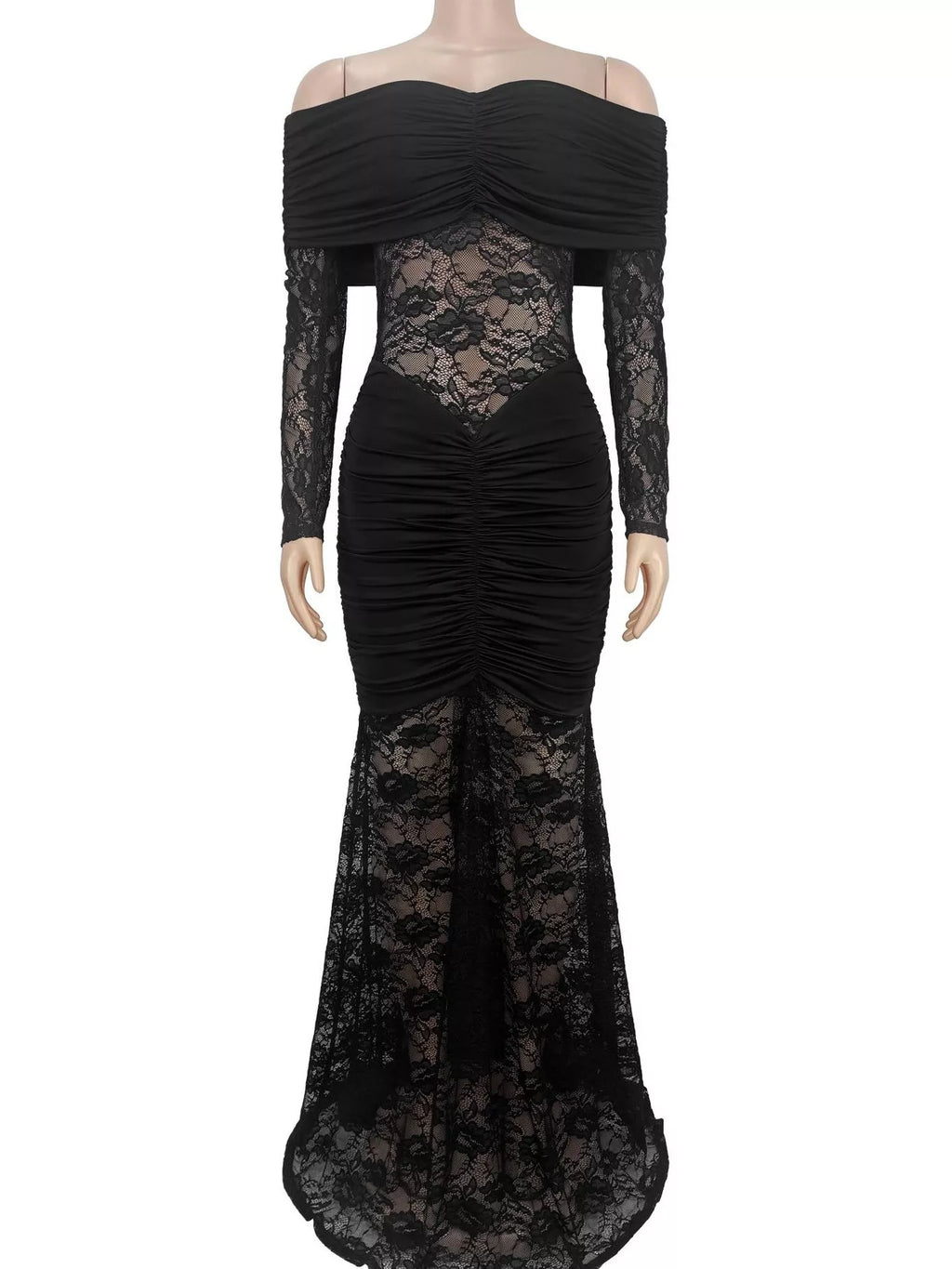 Off-Shoulder Ruched Lace Mermaid Maxi Dress