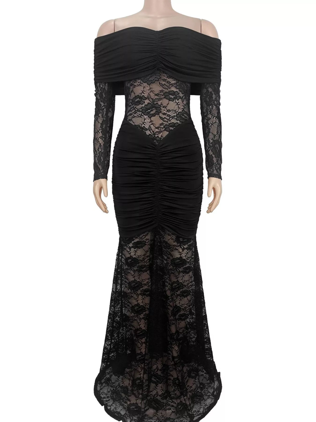 Off-Shoulder Ruched Lace Mermaid Maxi Dress
