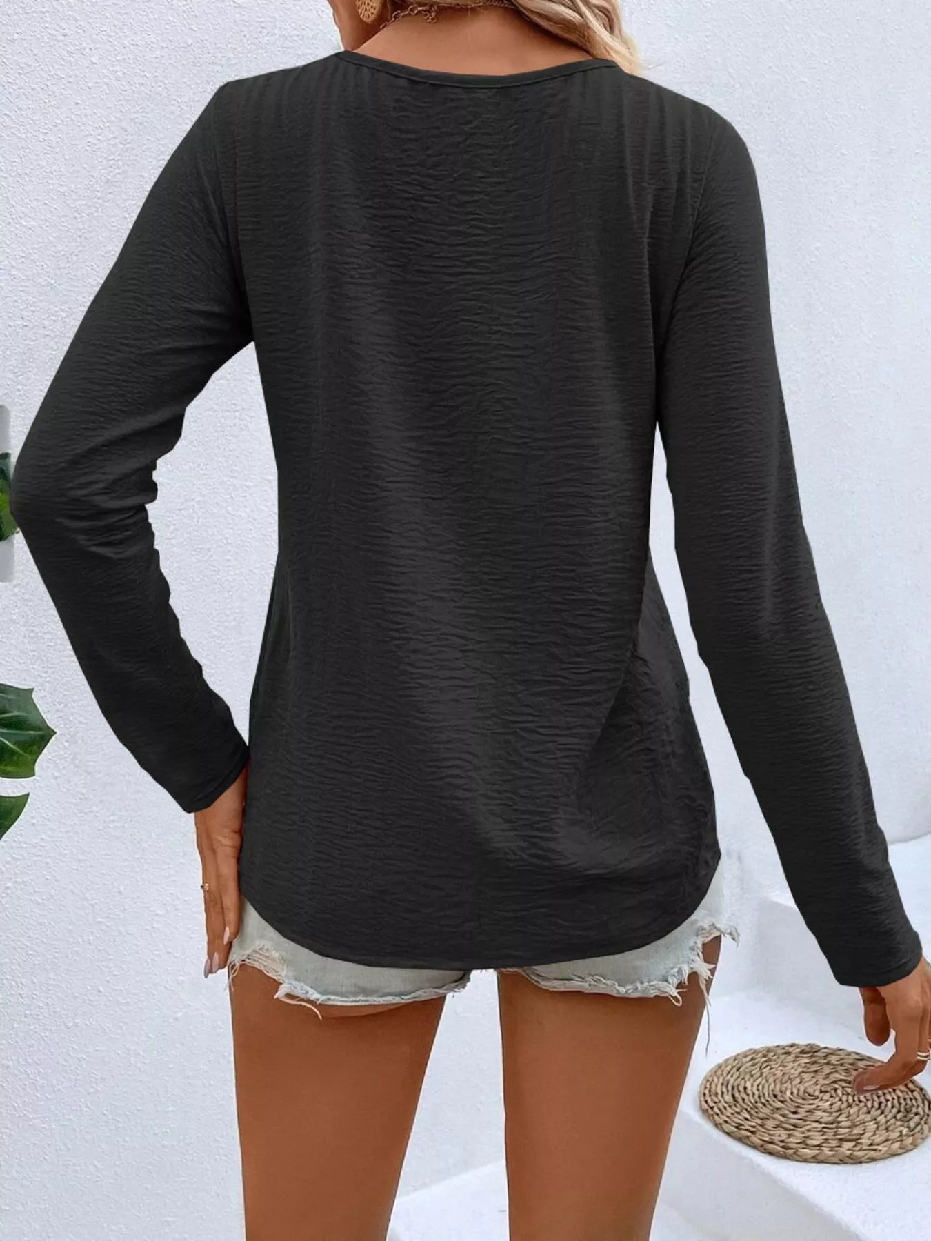 Full Size V-Neck Decor Button Long Sleeve T-Shirt Plus Size