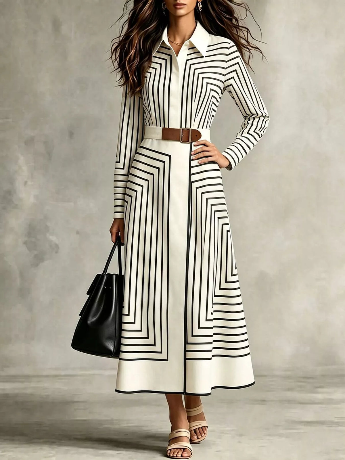 Geometric Striped Midi Shirt Dress