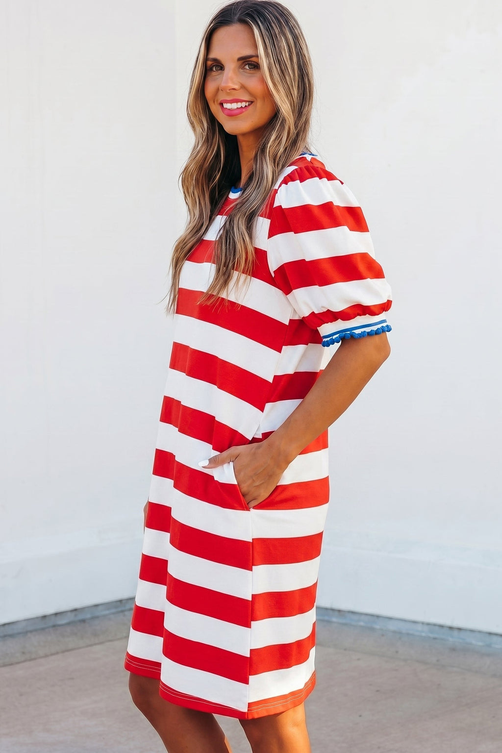 Red Stripe Contrast Trim Round Neck Short Puff Sleeve Shift Mini Dress