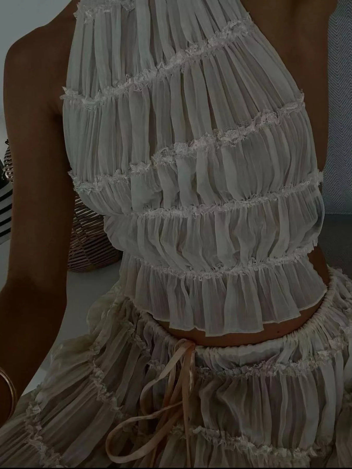Boho Chic Ruffled Halter Crop Top and Maxi Skirt Set