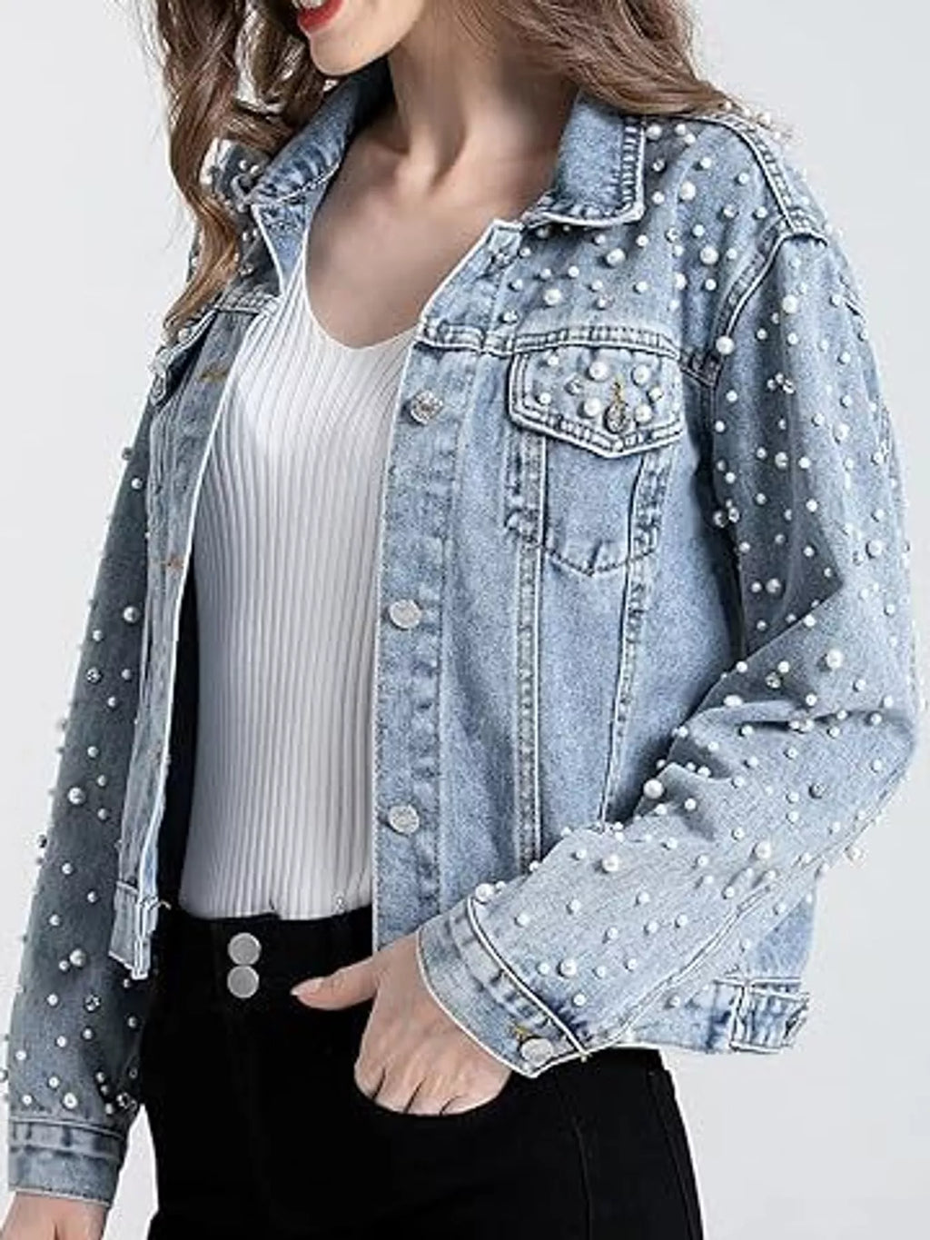 Pearl Detail Button Up Denim Jacket