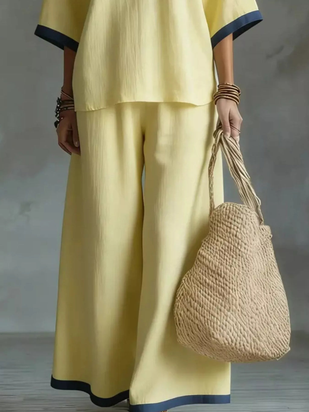 Full Size Contrast Trim V-Neck Top and Pants Set Plus Size