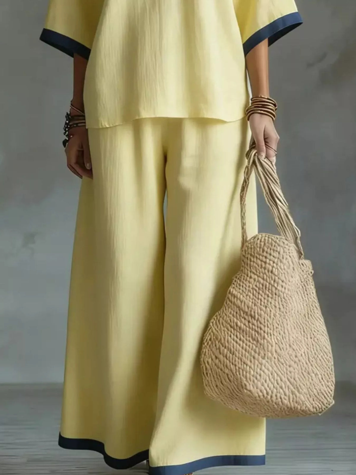 Full Size Contrast Trim V-Neck Top and Pants Set Plus Size