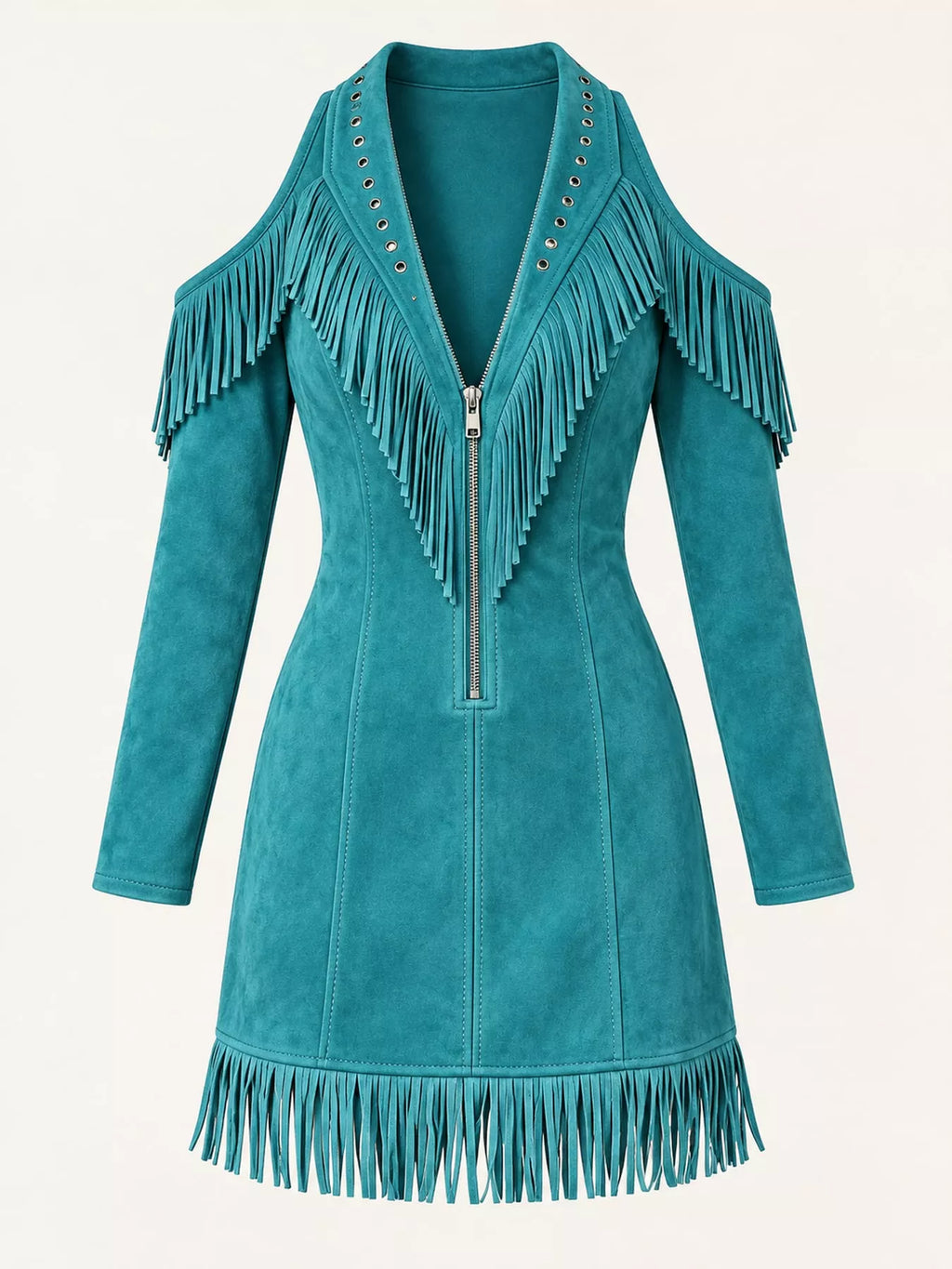 Full Size Fringed Cold-Shoulder Zip-Front Mini Dress Plus Size