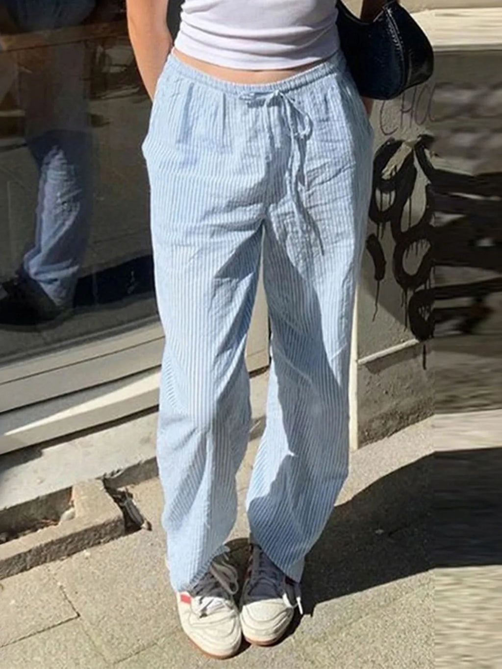 Striped Drawstring Wide Leg Pants