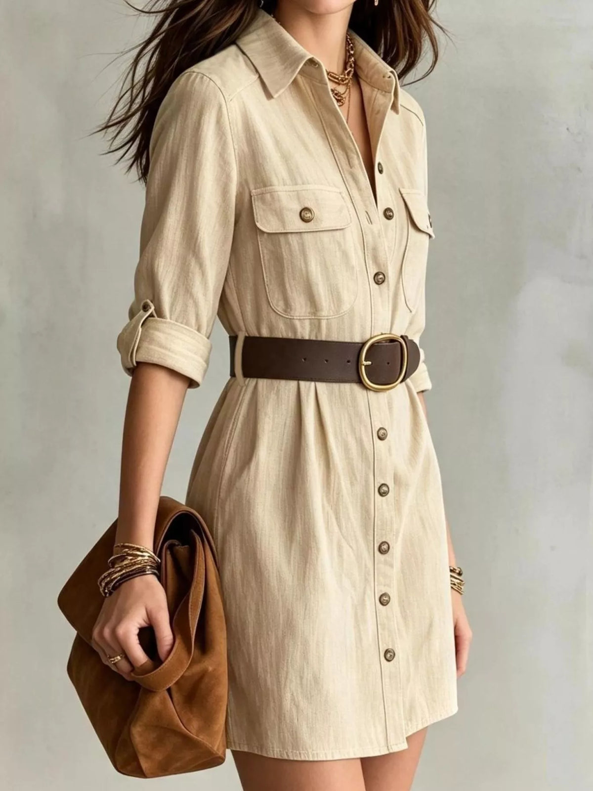 Button Front Long Sleeve Shirt Dress